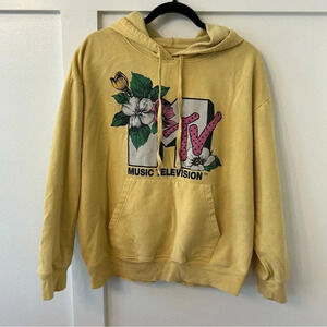 MTV Hooded Sweatshirt Yellow Floral Vintage Music Television Size XL